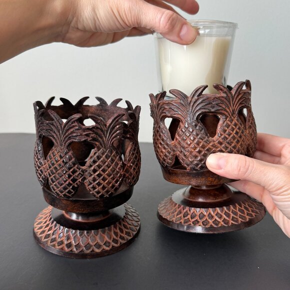 Pineapple Pedestal Candleholders Set of 2 Metal Art - Picture 4 of 15